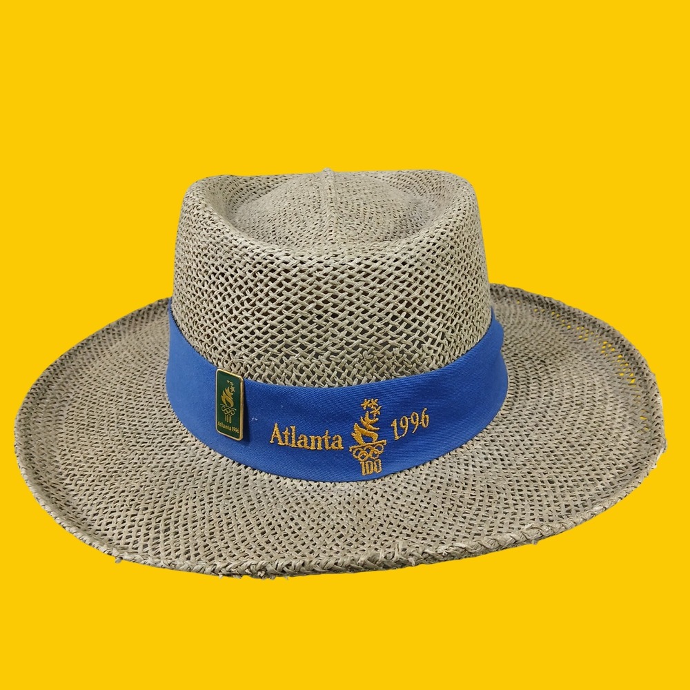 Hanes Atlanta 1996 Olympic Straw Sun Hat Olive Green Fedora Vintage